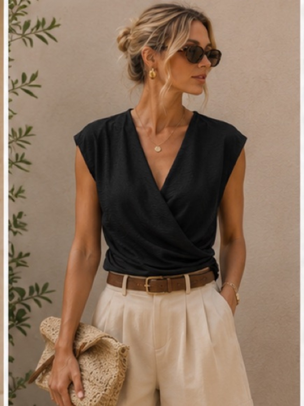 Zara Black Textured Draped Wrap Top Quiet Luxury Coastal Chic NWT